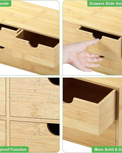 Bamboo Desk Organizer with Drawers - Small Desktop Countertop Mini Tabletop Storage Container - No Assembly Required