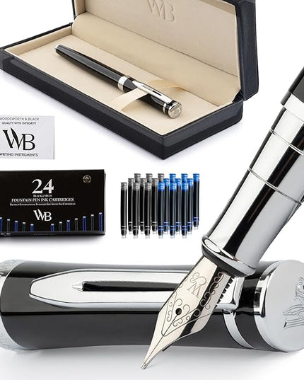 Wordsworth & Black Fountain Pen Set, Medium Nib, Includes 24 Ink Cartridges and Ink Refill Converter, Gift Case, Journaling, Calligraphy, Smooth Writing Pens [Black Chrome], Perfect for Men and Women