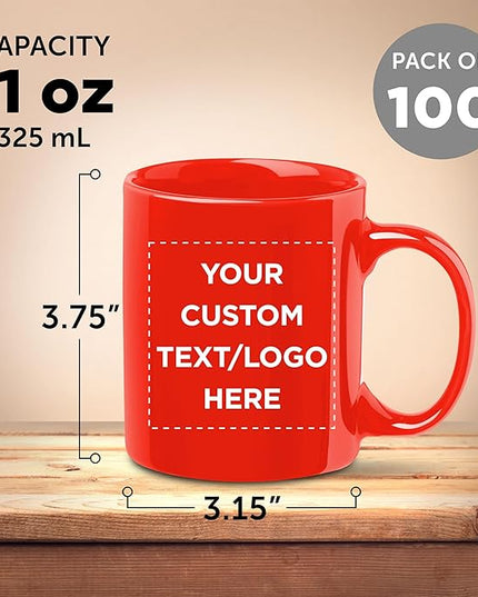 Custom Ceramic Coffee Mugs 11 oz. Set of 100, Personalized Bulk Pack - Coffee cup set, Iced coffee cup, Gaming mug - Red