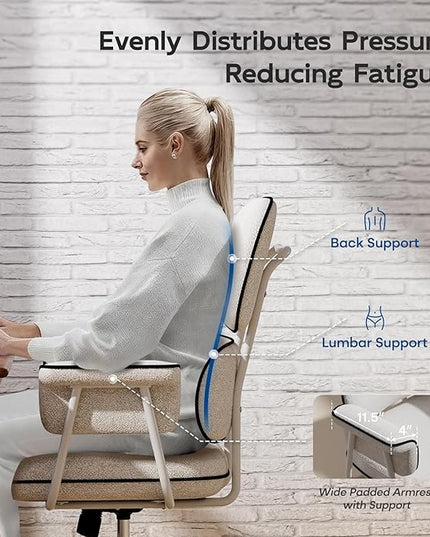Fabric Office Chair with Granular Linen, Mid Back Vintage Desk Chair with Wheels and Wide Arms, Mid Century Modern Home Office Desk Chairs with Memory Foam Seat Cushion, Adjustable Height, White