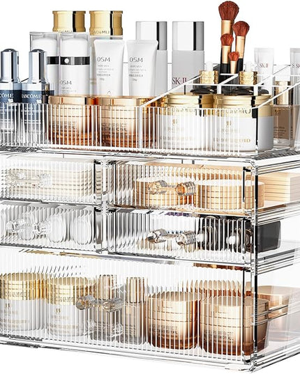 ZHIAI Stackable Organizer, Acrylic Cosmetic Organizer for Dresser, Vanity, Kitchen Cabinet, Bathroom, Under Sink, Home Organization and Storage (1 Top 5 Drawers)