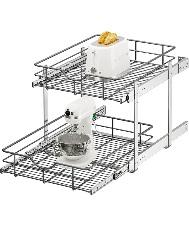 ALINE FURNITURE 2-Tier Pull Out Cabinet Organizer - 17" W x 22" D Soft Close Pullout Shelves with Shelf Liners - Slide Out Drawers for Kitchen Cabinets, Pantry, Bathroom, Heavy Duty Steel Wire Baskets