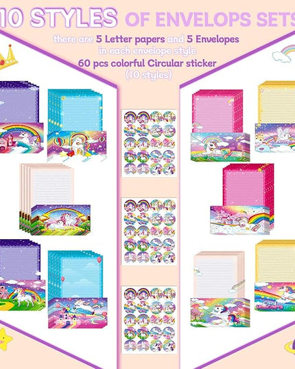 TaoBary 160 Pcs Stationery Paper Set 50 Double Sided Stationery Papers with 50 Matching Envelopes and 60 Round Dot Sticker, 10 Design(Unicorn,8.5 x 11 Inch)