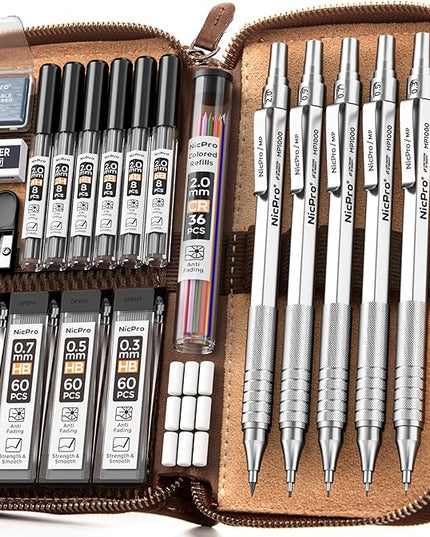 Nicpro 20PCS Metal Mechanical Pencil Set in Leather Case, Art Drafting Pencil 0.3, 0.5, 0.7, 0.9 mm & 2mm Lead Holders, 9 Tube (4B 2B HB 2H Colors) Lead Refills, Erasers For Sketching Drawing