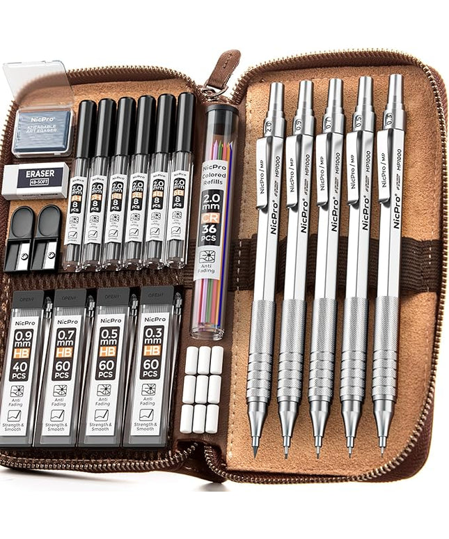 Nicpro 20PCS Metal Mechanical Pencil Set in Leather Case, Art Drafting Pencil 0.3, 0.5, 0.7, 0.9 mm & 2mm Lead Holders, 9 Tube (4B 2B HB 2H Colors) Lead Refills, Erasers For Sketching Drawing