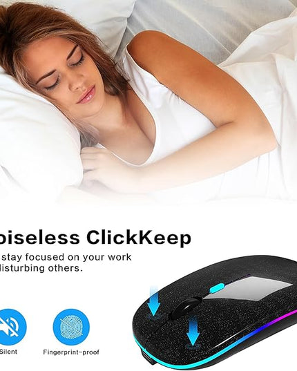 Wireless Bluetooth Mouse Rechargeable Laptop Mice with LED Use Portable(BT5.2 and USB 2.4G) Dual Mode Connection Silent Slim Computer Mouse for Laptop/iPad Tablet/Apple MacBook/PC(Black Pearl)