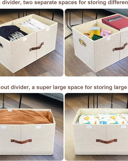 TYEERS Extra Large Collapsible Storage Bins with Lids and Compartments, Washable, Fabric Storage Boxes, 21.7x13x11.8 inches, 1 Pack, Beige