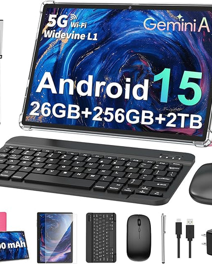 PYNAREL Android Tablet with Keyboard, 26GB+256GB, 2TB Expand, Android 15 Tablet 10 inch with Octa-Core, 8000mAh, 5G WiFi, BT5.0, Widevine L1, Split Screen, Case, Mouse, Stylus(Pink Case)