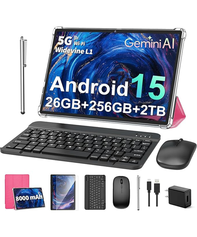 PYNAREL Android Tablet with Keyboard, 26GB+256GB, 2TB Expand, Android 15 Tablet 10 inch with Octa-Core, 8000mAh, 5G WiFi, BT5.0, Widevine L1, Split Screen, Case, Mouse, Stylus(Pink Case)