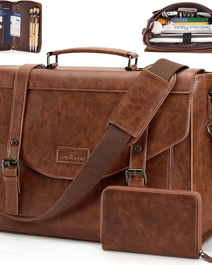 RAINSMORE Flap Messenger Bag for Men Vintage PU Leather Laptop Bag 15.6 Inch Retro Briefcase with Wallet Satchel Computer Bag