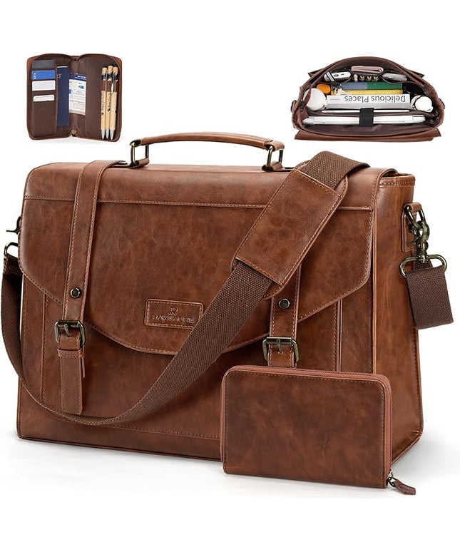 RAINSMORE Flap Messenger Bag for Men Vintage PU Leather Laptop Bag 15.6 Inch Retro Briefcase with Wallet Satchel Computer Bag