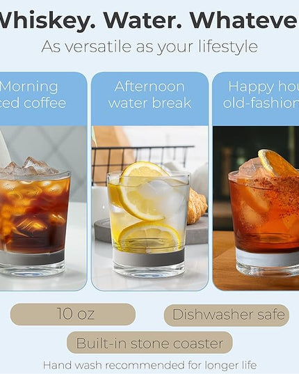 Coast Glassware The Short – Patented Lowball Tumbler with Built-In Stone Coaster Base – Absorbent, Surface-Protecting Whiskey & Cocktail Glasses – Premium Gift Pack (Set of 2) - 10 oz