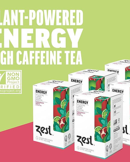Zest Energy Green Tea – Pomegranate Mojito High Caffeine Tea Bags for Focus & Morning Energy – Natural Caffeinated Tea with 135mg Caffeine – Coffee Substitute – 15Ct Box, Non-GMO & Keto Friendly