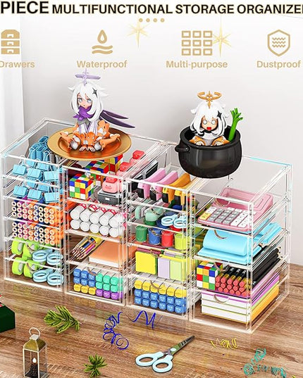 Acrylic Makeup Organizer with 19 Drawers, 4 Pack Clear Storage Drawers, Bathroom Makeup Organizer for Palettes, Cosmetic, and Beauty Supplies,Ideal for Vanity, Cabinet,Desk Organization