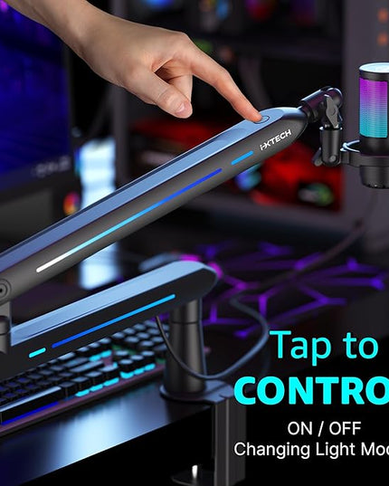 IXTECH RGB Low Profile Boom Arm for Mic, Adjustable Microphone Arm Stand with Desk Mount Clamp, Rotatable Microphone Boom Arm Mic Stand with Cable Management for Podcast Streaming Gaming Studio.