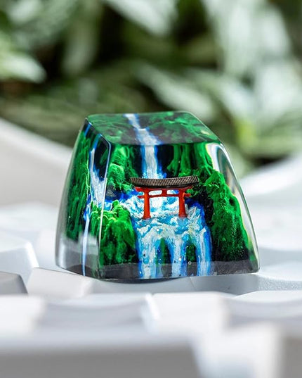 Red Torii Gate Artisan Keycap Japanese Shrine with Summer Waterfall R1 SA Profile Custom Keycaps 1U ESC Handmade Gaming Resin Key Cap Cherry MX Switch Compatible Mechanical Keyboard Japan Lover Gift