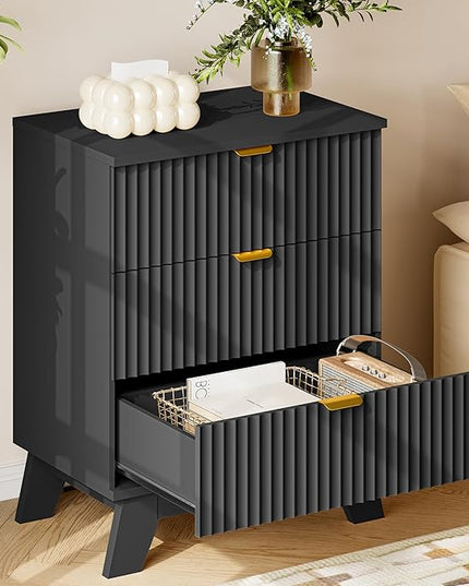 BORNOON 30.5" Nightstand with Charging Station, 3-Drawer Fluted Bedroom Chest, Wood Bedside Dresser with Power Outlets and USB Ports, Metal Slides, Stable Base, Modern Storage Cabinet for Small Spaces