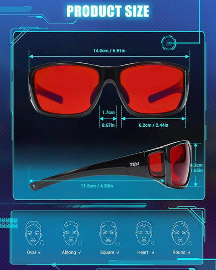 TIJN Sonia Sleep Glasses for Blue & Green Light Blocking,Red Lens with Dual AR Coating,Wraparound Frame for Gaming Screen