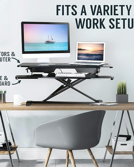 TechOrbits Standing Desk Converter-32-inch Height Adjustable, MDF Wood, Sit Riser-Black, 32"