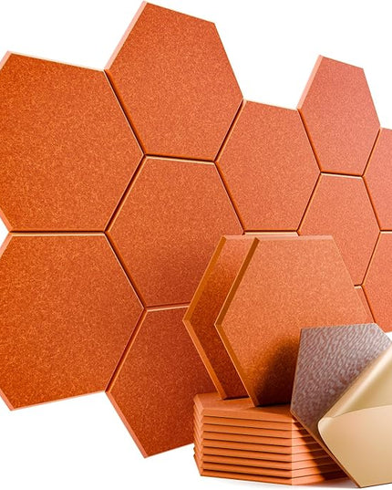 12 Pack Self-Adhesive Acoustic Panels 12" X 10" X 0.4" - Sound Proof Foam Panels with High Density, Stylish Hexagonal Design, Flame Resistant, Absorb Noise and Eliminate Echoes(Tangerine)