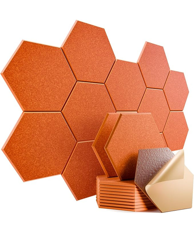 12 Pack Self-Adhesive Acoustic Panels 12" X 10" X 0.4" - Sound Proof Foam Panels with High Density, Stylish Hexagonal Design, Flame Resistant, Absorb Noise and Eliminate Echoes(Tangerine)