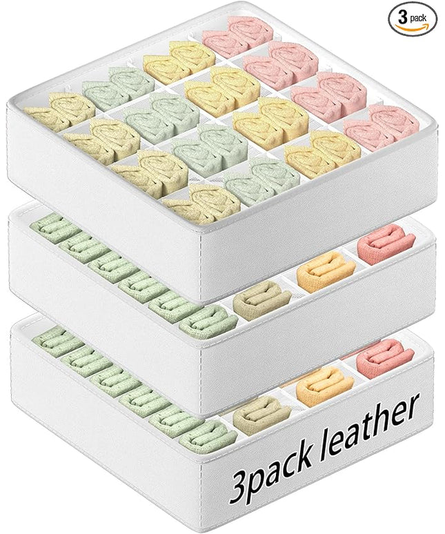 Classical Leather Sock Underwear Drawer Organizer clothes, Closet Dividers，64 Cell (16+24+24) Foldable Leather Storage Box for Panties, Ties, Accessories（3 Pack）