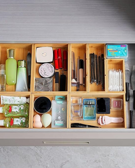 Fabsome Drawer Organizer, Set of 9 Bamboo Wood Kitchen Makeup Desk Junk Tea Drawer Storage Boxes Bins for Cutlery Silverware Utensils Flatware, Small Wooden Container Tray for Bathroom, Office