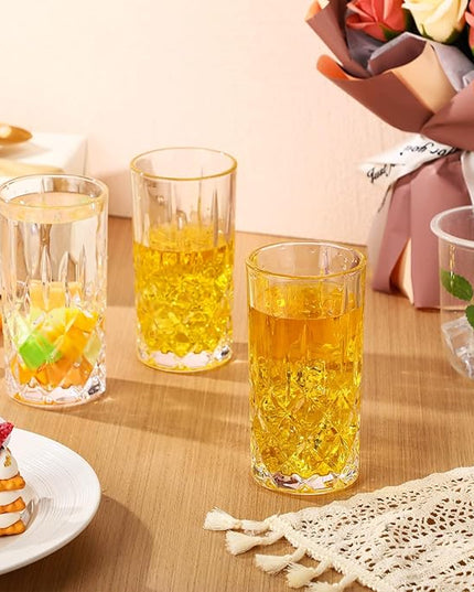 Uiifan Set of 12 Tall Highball Glasses 12 oz Crystal Drinking Glasses Clear Fancy Cups Vintage Textured Designer Glassware for Cocktail Tea Water Beer Soda Beverages, Dishwasher Safe (Classic Style)