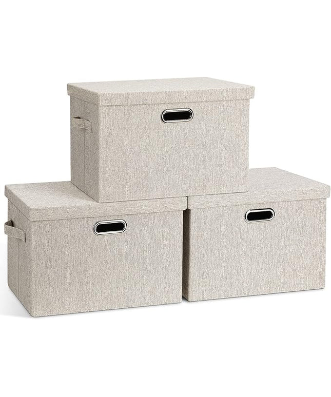 Large Quart Collapsible Stackable Storage Bins with Lids, 3 Packs Beige Linen Fabric Closet Boxes with Lids, Storage Cube Baskets Container Organizers for Bedroom Office(16.6 x 11.7 x 10.8)