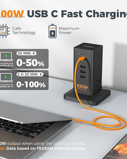 Charging Station PD 100W, TESSAN 9-in-1 USB C Power Strip for iPhone 17/16/15, MacBook, Tablet, Desktop Phone Fast Charger with 3 AC, 3 USB-A Ports, Home Drom Office Accessories