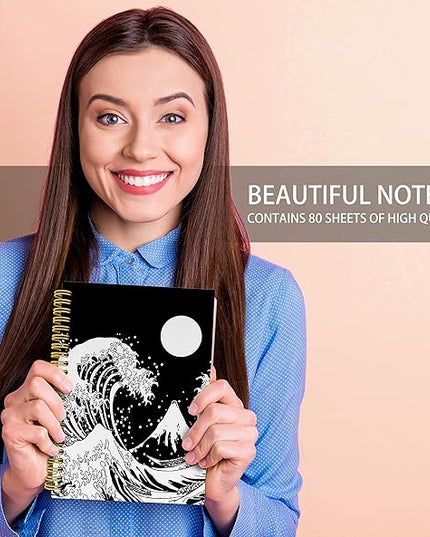 Knibeo Japanese Wave with Sun Black and White Art Lined Hardcover Spiral Notebook Journal 5.5×8.3 Inch,College Ruled Notebook for Work Notes Journaling,Gifts for Cat Lovers Women Girls