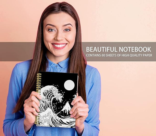Knibeo Japanese Wave with Sun Black and White Art Lined Hardcover Spiral Notebook Journal 5.5×8.3 Inch,College Ruled Notebook for Work Notes Journaling,Gifts for Cat Lovers Women Girls