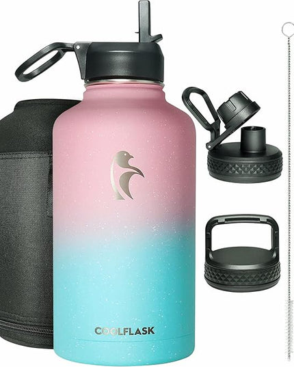 64 oz Water Bottle Insulated with Straw&3 Lids, Coolflask Half Gallon Water Jug Galaxy Large Metal Stainless Steel Vacuum flask for Gym, Sports and Travel, Keep Cold 48H Hot 24H, Blooming Cherry