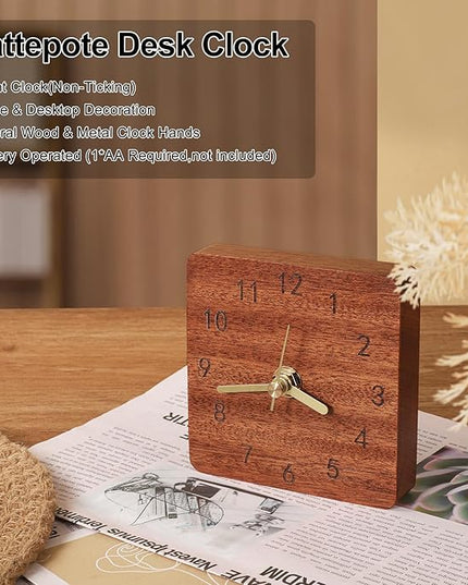 Kattepote Wooden Table Clock on Stand, Decorative Battery Operated Desk and Shelf Clock, Silent Non-Ticking Desktop Clock for Office, Living Room or Bedroom Decor, Square Shape, Sapele Wood