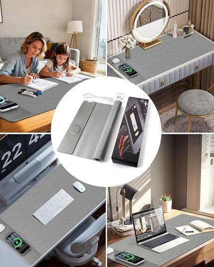 TopMade Mouse Pad with 15W Wireless Charging, XXL Large Leather Desk Mat, Waterproof Gaming Mousepad Home Office Desk Pad Protector, Computer Keyboard Pad, Mouse Mat for MacBook, PC, Laptop, Gray