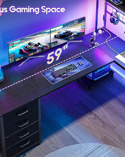AODK L Shaped Gaming Desk with 4 Drawers, 59" Reversible Computer Desk with Hutch and Shelves, Gamer Desk with LED Lights, Power Outlets, Home Office Corner Desk with Gird Pegboard, Black