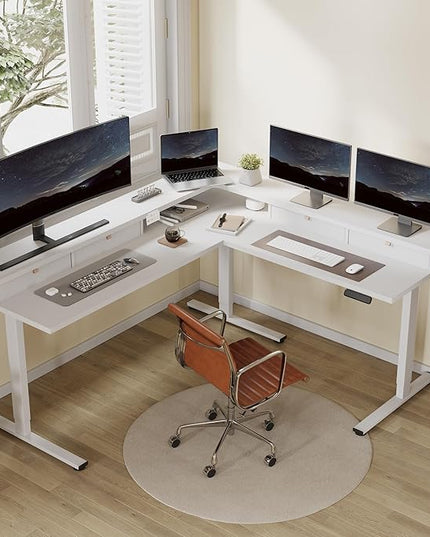 FLEXISPOT 71" Large L Shaped Standing Desk Electric Corner Table with Shelf, 4 Storage Drawers, Adjustable Computer Workstation for Home, Office, Game, Studio, White Top + White Frame