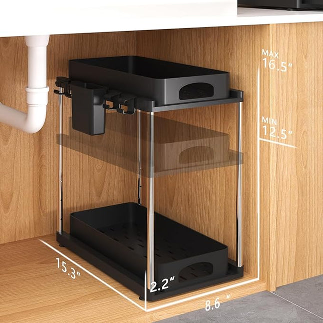 Under Sink Organizer, Under Kitchen Sink Organizer, Height Adjustable Bathroom Cabinet Organizers and Storage, 2 Tier Pull-Out Multi-Purpose Organizer for Bathroom Kitchen Cabinet, Black, 2 Pack