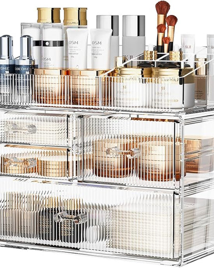ZHIAI Stackable Storage Drawer, Acrylic Organizer, Cosmetic Organizer for Dresser, Vanity, Kitchen Cabinet, Bathroom, Under Sink, Home Organization and Storage (1 Top 3 Drawers)
