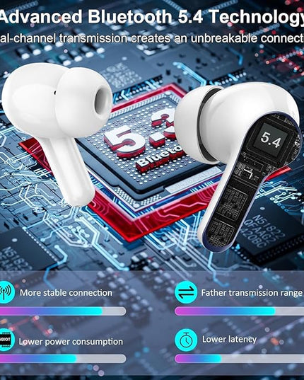 Wireless Earbuds, Bluetooth Headphones 5.4 HiFi Stereo Ear buds with ENC Noise Cancelling Mic, 40H Bluetooth Earbuds with Dual LED Display Charging Case, IP7 Waterproof Earphones for Android iOS, Blue
