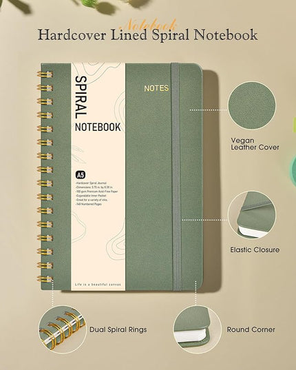Dotted Spiral Journal Notebook, A5 Hardcover Spiral Journals for Women Men, 100 GSM Dot Grid Paper Notebooks, 150 Pages Spiral Bullet Dotted Notebook for Writing Note Taking 5.75" x 8.38", Sage Green
