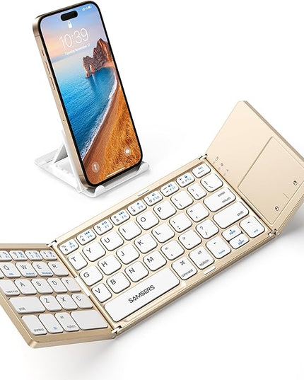Samsers Foldable Bluetooth Keyboard with Touchpad - Portable Wireless Keyboard with Holder, Rechargeable Full Size Ultra Slim Pocket Folding Keyboards for Android Windows iOS Tablet & Laptop - Gold