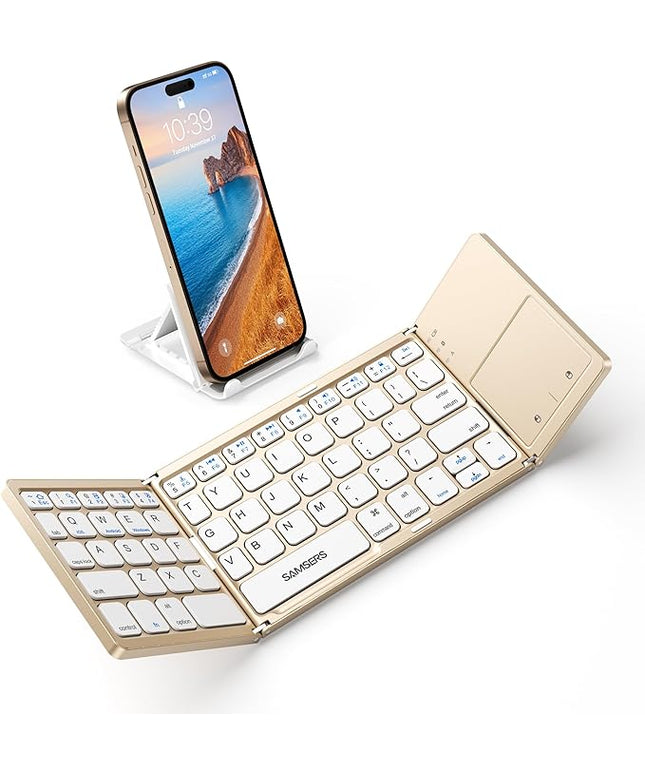 Samsers Foldable Bluetooth Keyboard with Touchpad - Portable Wireless Keyboard with Holder, Rechargeable Full Size Ultra Slim Pocket Folding Keyboards for Android Windows iOS Tablet & Laptop - Gold