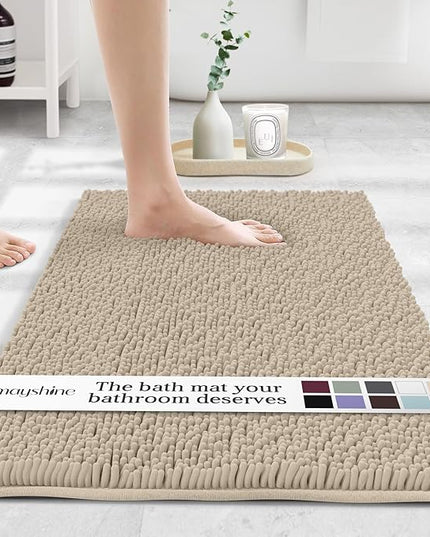 MAYSHINE Plush Shaggy Chenille Bath Mat | Extra Soft, Super Absorbent, Non-Slip Bathroom Rug | Fluffy Microfiber, Area Rug Sets for Bathroom Floor, Kitchen, Living Room | 39"x24" | Beige