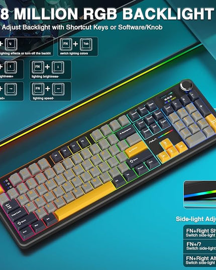 AULA F108 PRO - Wireless Mechanical Keyboard with Screen&Knob,Hot Swappable Gaming Keyboard with 8000mAh Battery,Pre-lubed Switches,RGB Backlit,PBT Keycaps Creamy Sounding Computer Keyboards,104 Keys