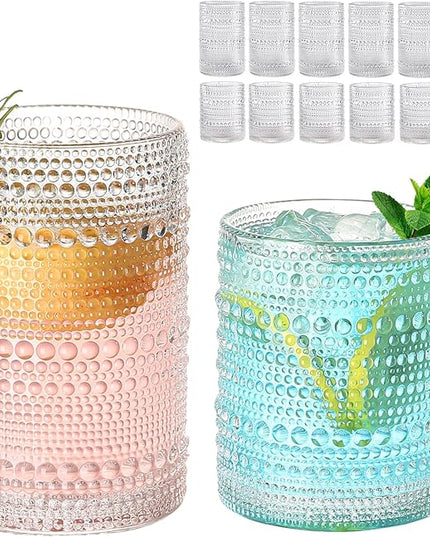 Vintage Glassware Drinking Glasses Set of 12,Clear 12oz & 15oz Hobnail Glass Cups,Embossed Water Tumbler,for Beer,Cocktail,Whiskey,Juice and Various Mixed Drinks- 1 Cleaning Brush