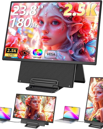 23.8" Large Portable Monitor, 2.5K QHD 180Hz Laptop Screen Extender, 150% RGB 178° IPS, Speakers & USB Hub for Office/Gaming with Kickstand, Travel Monitor for Laptop/PC/Mac/Xbox, VESA USB-C & HDMI