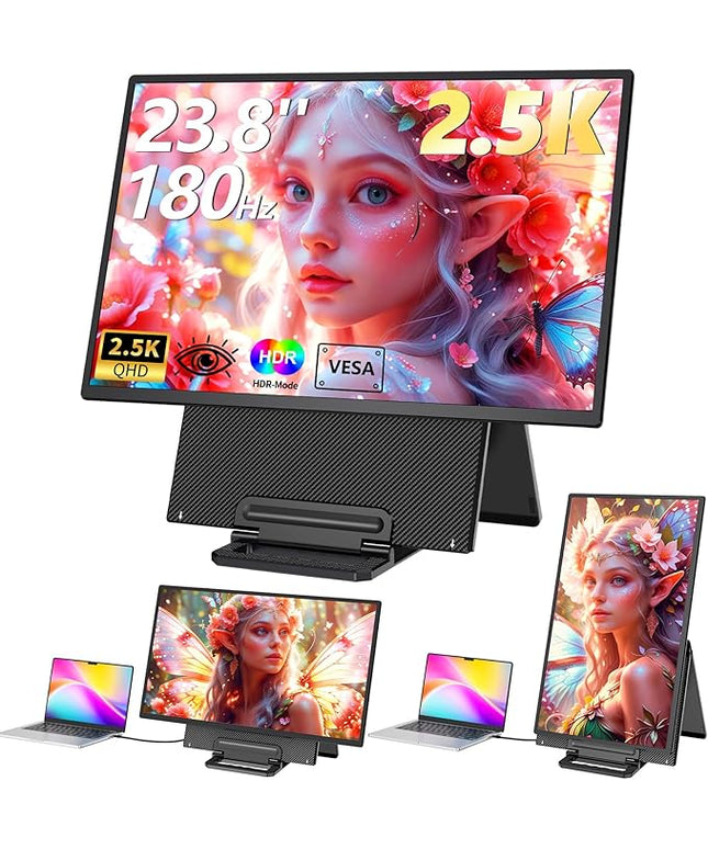23.8" Large Portable Monitor, 2.5K QHD 180Hz Laptop Screen Extender, 150% RGB 178° IPS, Speakers & USB Hub for Office/Gaming with Kickstand, Travel Monitor for Laptop/PC/Mac/Xbox, VESA USB-C & HDMI