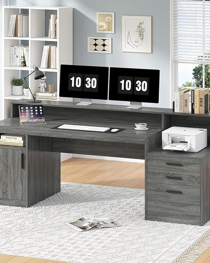 Executive Computer Desk with 3 Drawers & Storage Shelves, 65 Inch Home Office Desk with File Drawer & Cabinet, Writing Study Desks with Monitor Stand & Printer Shelf, Dark Grey