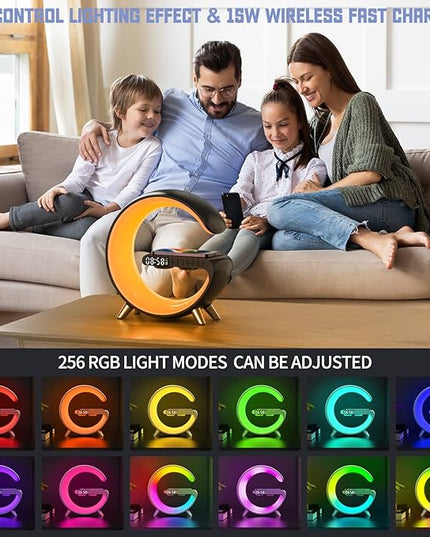 Smart Table Lamp with 4-in-1 Wireless Charger, Night Light, Bluetooth Speaker, Alarm Clock, App Control, Office, Bedroom, Home Decor (White)